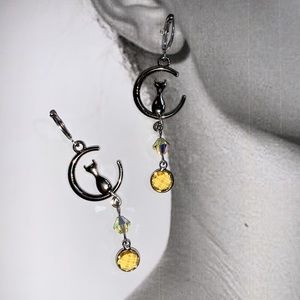 Cat in the Moon Drop Dangling w Yellow Czech Crystal w November Stone Earrings